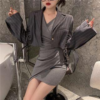 Pinstriped Cropped Blazer / Long-sleeve Asymmetrical Mini Sheath Dress
