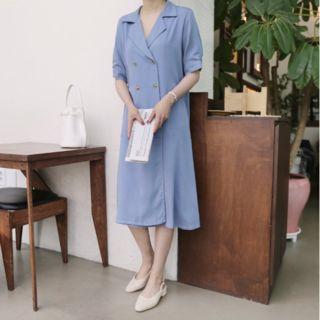 Collared Double-breated Midi Dress