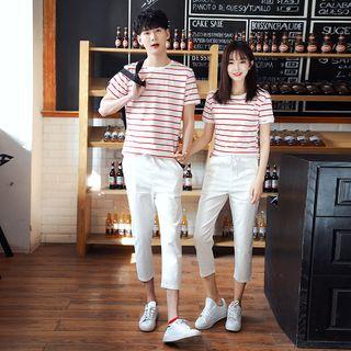 Couple Matching Striped Short-sleeve T-shirt / Crop Pants