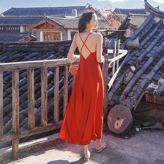 Spaghetti Strap Cross-strap Midi A-line Dress