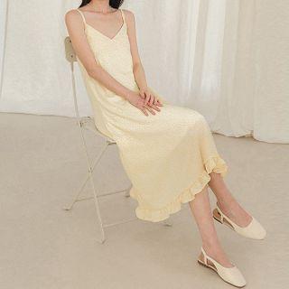 Spaghetti Strap Floral Print Frill Trim A-line Midi Dress