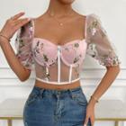 Short-sleeve Square Neck Mesh Panel Cropped Corset Top