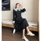 Long-sleeve Embroidered Collar A-line Midi Dress Black - One Size