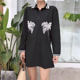 Palm Tree Print Long-sleeve Polo Dress