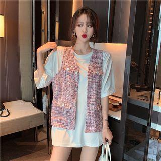 Plain Elbow-sleeve T-shirt / Tweed Vest