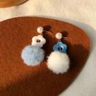 Flower Pom Pom Drop Earring 1 Pair - Off-white & Blue - One Size