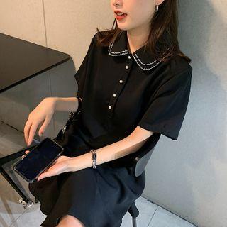 Contrast Trim Short-sleeve Ruffle Hem Mini Polo Dress Black - One Size