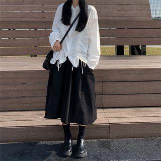 Set: Long-sleeve Crinkled Shirt + Plain Midi Skirt
