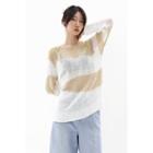 Color-block See-though Knit Top Beige - One Size