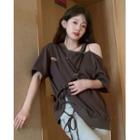Elbow-sleeve Cold Shoulder Lace-up T-shirt Coffee - One Size