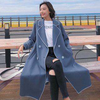 Contrast-trim Double-breasted Long Trench Coat