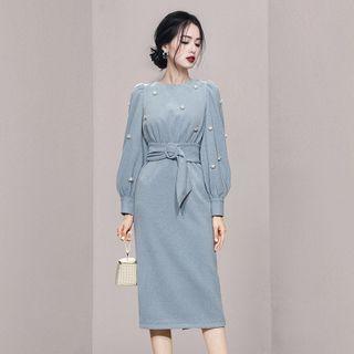 Lantern-sleeve Faux Pearl Midi Sheath Dress