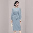 Lantern-sleeve Faux Pearl Midi Sheath Dress