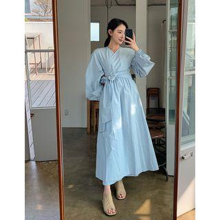 Balloon-sleeve Maxi Wrap Dress