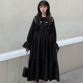 Lace Trim Long-sleeve Midi Shift Dress As Shown In Figure - One Size