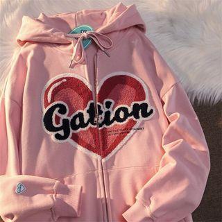 Lettering Heart Embroidered Hooded Zip Jacket