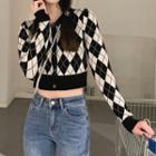Long-sleeve Collared Argyle Knit Top