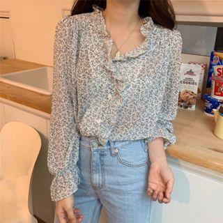 Floral Print Ruffled Chiffon Long-sleeve Blouse As Shown In Figure - One Size