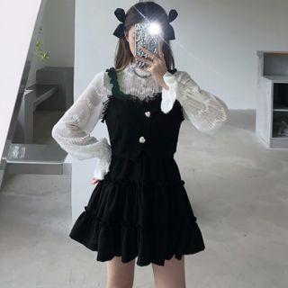 Long-sleeve Lace Top / Cropped Camisole Top / Mini A-line Skirt / Set