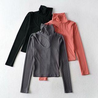 High Neck Cut Out Cropped Plain Sweater