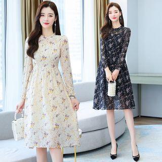 Long-sleeve Frill-collar Floral Chiffon Dress