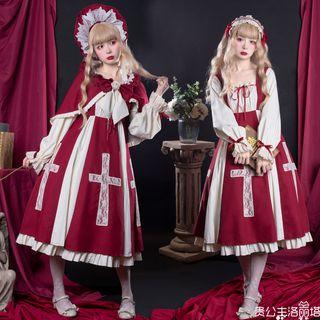 Long-sleeve Cross Applique Dress / Cropped Cape / Bonnet / Set
