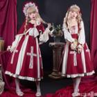 Long-sleeve Cross Applique Dress / Cropped Cape / Bonnet / Set