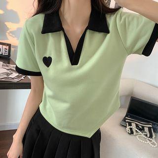 Short-sleeve Heart Embroidered Polo Shirt / Pleated Mini A-line Skirt
