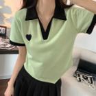 Short-sleeve Heart Embroidered Polo Shirt / Pleated Mini A-line Skirt