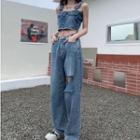 Denim Cropped Camisole Top / Distressed Wide-leg Jeans / Lace Top