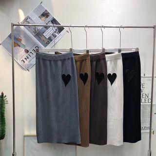 Heart Applique Ribbed Knit Midi Pencil Skirt