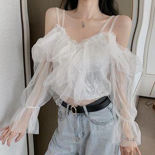 Set: Sequined Camisole Top + Off-shoulder Long-sleeve Mesh Top