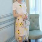 Set: Pineapple Beaded Short Sleeve T-shirt Dress + Flower Embroidered Midi Tulle Skirt