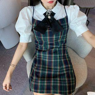 Short-sleeve Shirt / Spaghetti Strap Plaid Mini A-line Dress