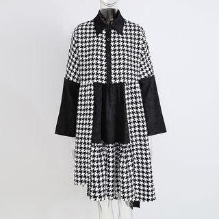 Houndstooth Long-sleeve Midi A-line Dress Black - One Size