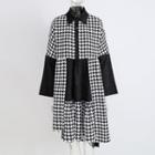Houndstooth Long-sleeve Midi A-line Dress Black - One Size