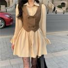 Long-sleeve Mini A-line Shirt Dress / Double-breasted Vest