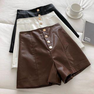 Plain Single-breasted High-waist Faux-leather Shorts
