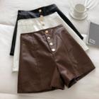 Plain Single-breasted High-waist Faux-leather Shorts