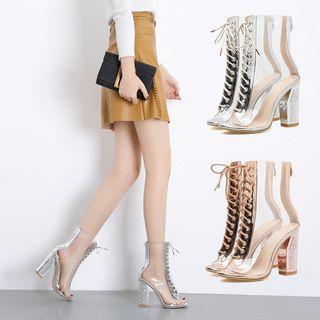 Block Heel Transparent Lace-up Short Boots