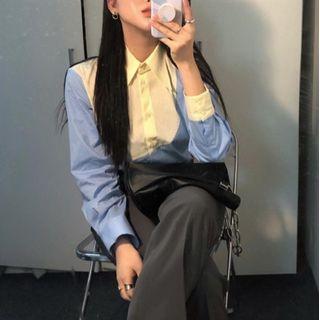Long-sleeve Color Panel Shirt Blue & Yellow - One Size