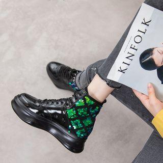 Sequined Lace-up Short Boots
