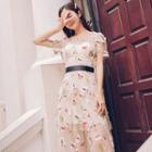 Embroidered Short-sleeve Midi Mesh Dress