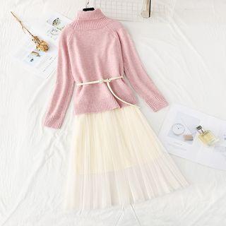 Set: Turtleneck Plain Sweater + Sleeveless Mesh Dress