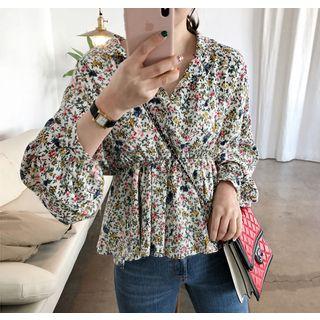 Open-placket Bishop-sleeve Floral Peplum Blouse