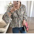 Open-placket Bishop-sleeve Floral Peplum Blouse