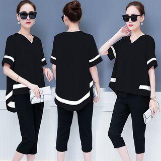 Set: V-neck Color Block Short-sleeve Top + Cropped Pants