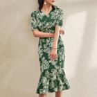 Leaf Print Short-sleeve Midi Sheath Dress