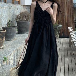 Asymmetrical Spaghetti Strap Shirred Midi A-line Dress Black - One Size