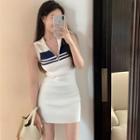 Sleeveless Striped Knit Mini Sheath Dress Dress - Blue & White - One Size